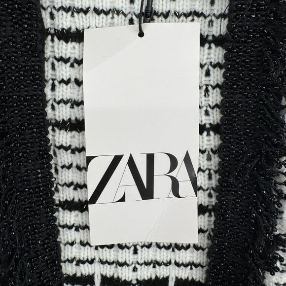 Zara Boucle Beaded Plaid Open Front Jacket Womens Small Black White Fringed NEW - Picture 8 of 11